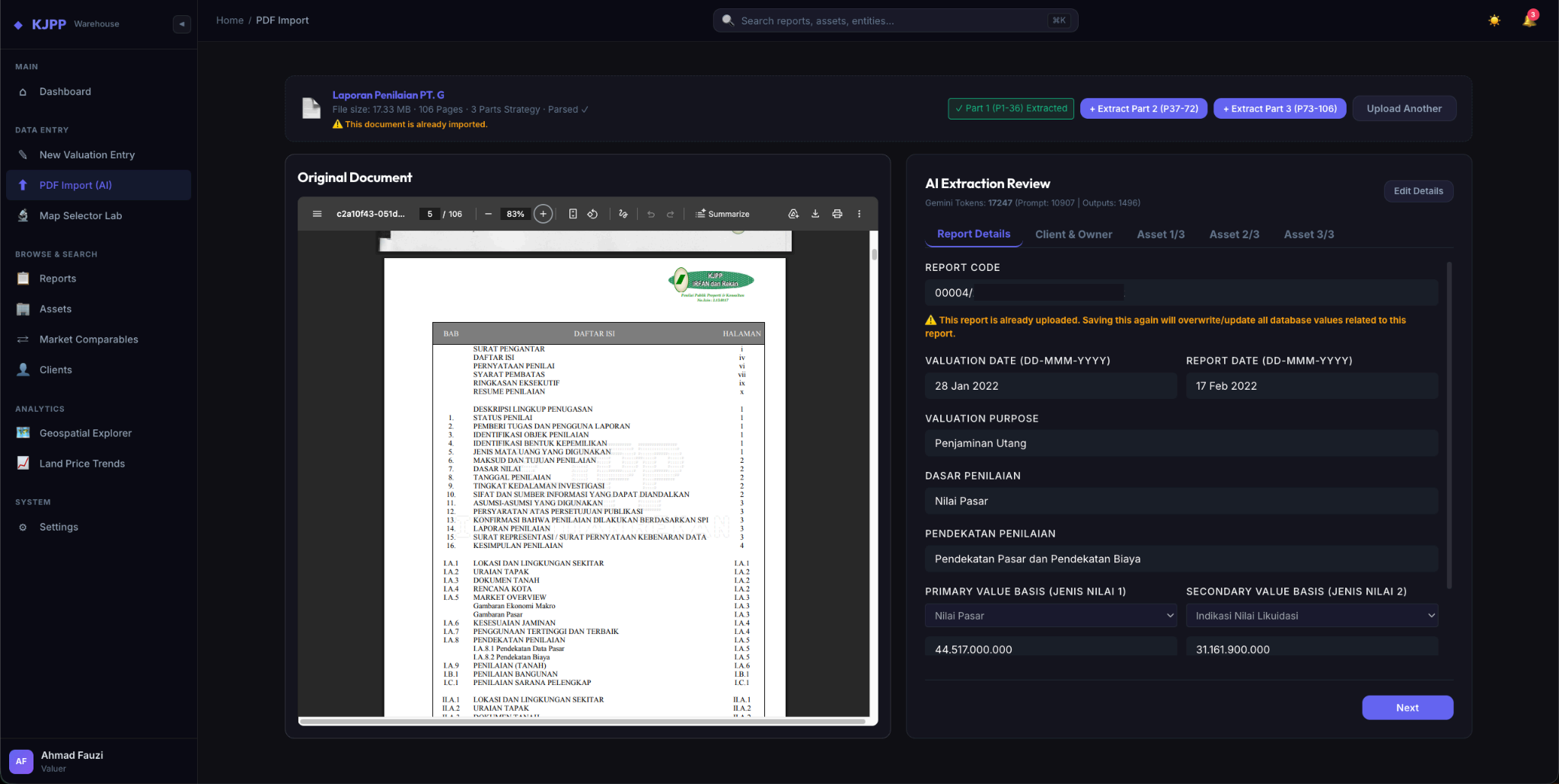 AI extraction review interface parsing an uploaded valuation report