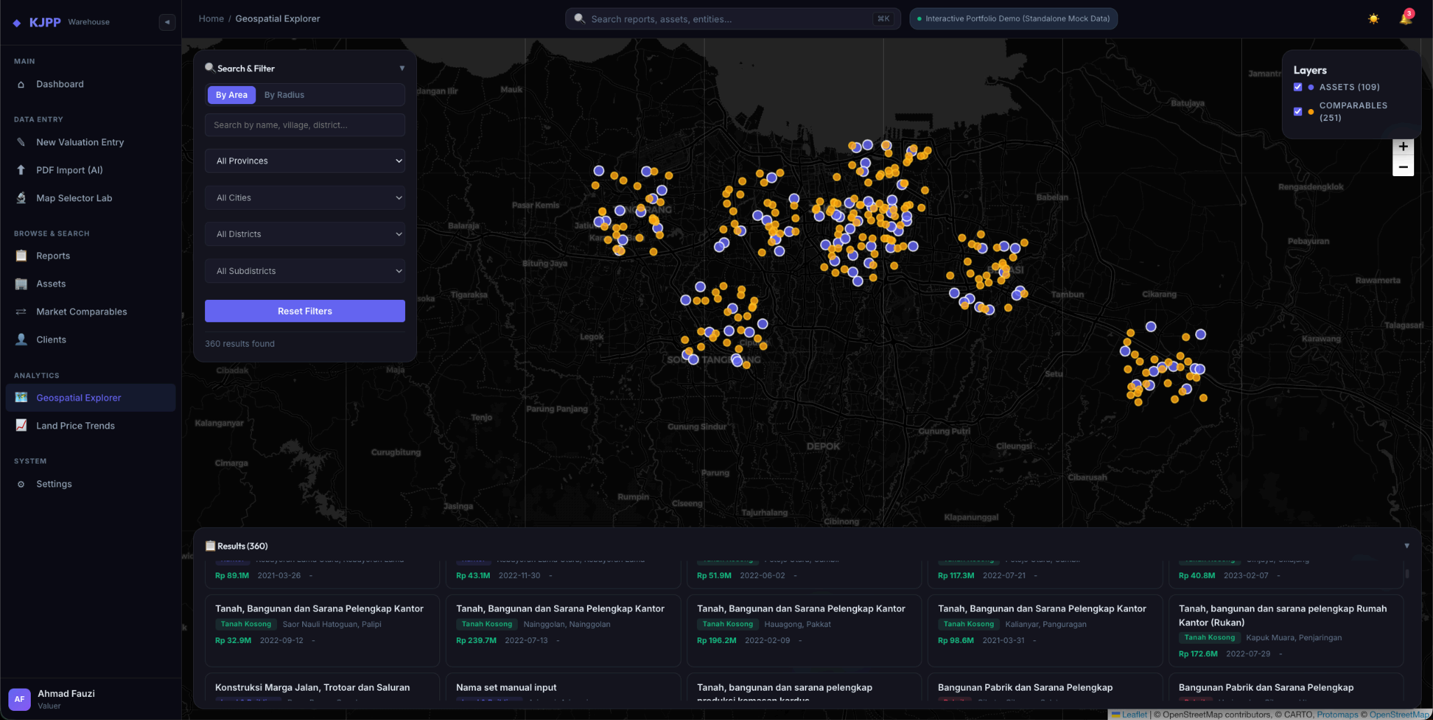 Geospatial explorer with mapped assets and market comparables