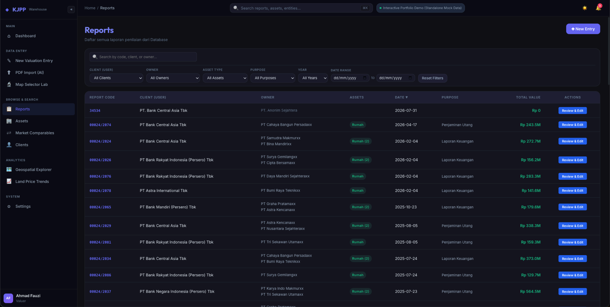 Report table listing uploaded valuation reports with filters