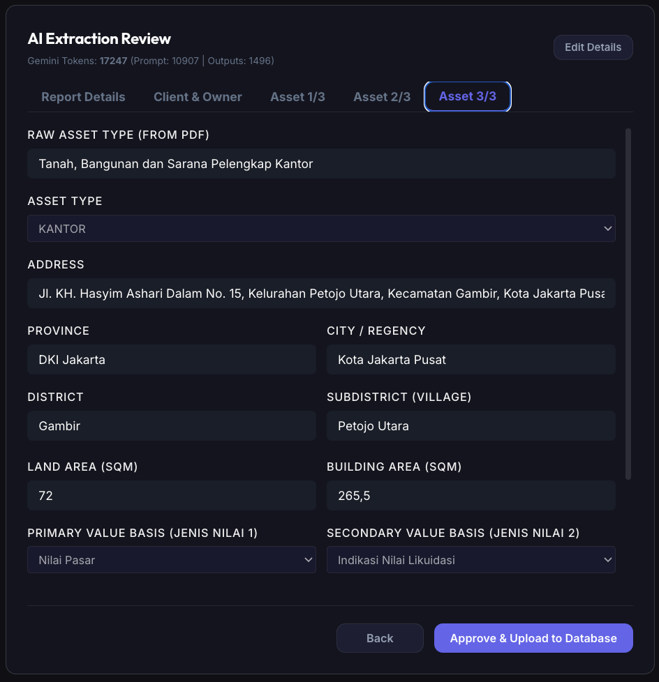 Manual verification interface for reviewing extracted asset fields